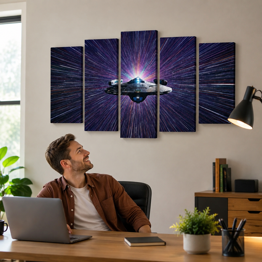 A man sits at a wooden desk with a laptop in a home office setting, looking up at a five-panel canvas wall art print depicting a spaceship in a purple and blue starburst space scene.