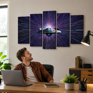 A man sits at a wooden desk with a laptop in a home office setting, looking up at a five-panel canvas wall art print depicting a spaceship in a purple and blue starburst space scene.
