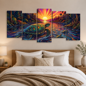 A 4-panel canvas wall art set depicting a colorful, stylized sea turtle swimming in a sunset over water, displayed above a bed in a modern bedroom setting.
