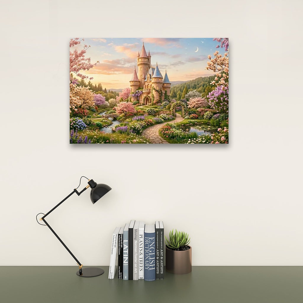 A rectangular wall art print showing a whimsical castle surrounded by a colorful floral landscape, displayed above a desk with a black lamp, books, and a small potted succulent against a light beige wall.
