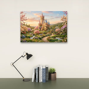 A rectangular wall art print showing a whimsical castle surrounded by a colorful floral landscape, displayed above a desk with a black lamp, books, and a small potted succulent against a light beige wall.