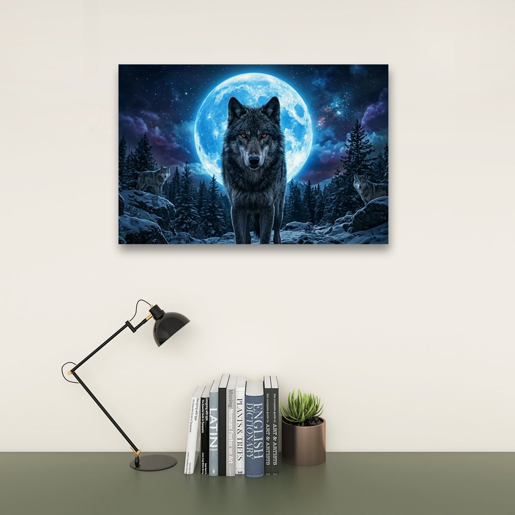 Howling Wolves with Blue Moon — 5-Panel Canvas Wall Art