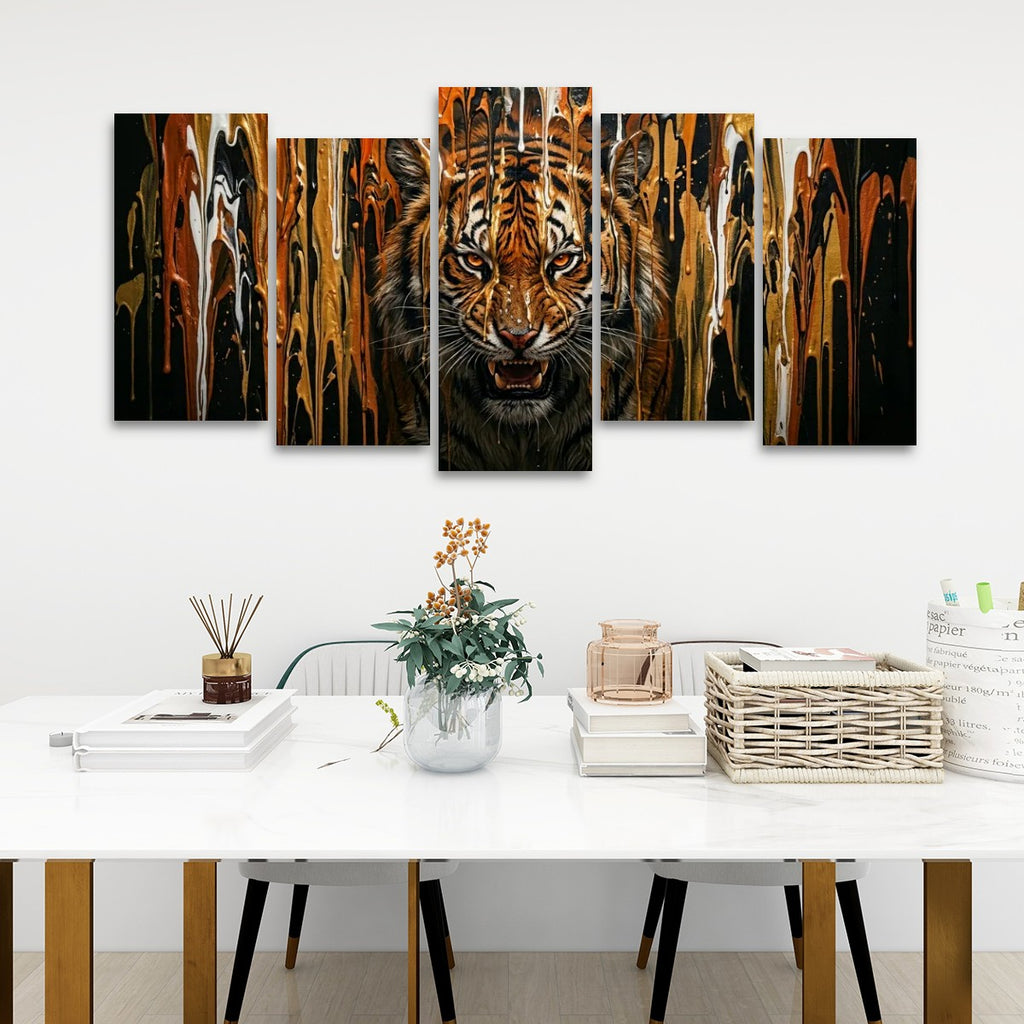 Tiger Bursting Through Dripping Paint Canvas Wall Art – Unleashed | Multi-Panel Wildlife Print