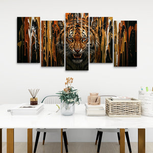 Unleashed – Tiger Bursting Through Dripping Paint 5-Panel Canvas Wall Art