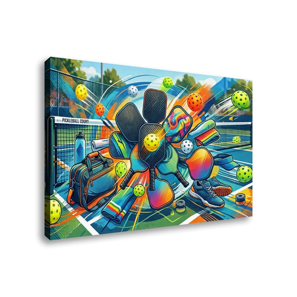 A rectangular canvas wall art print shown at an angle against a plain white background. The artwork depicts a colorful, stylized pickleball court scene with paddles, balls, a bag, and a shoe in bright neon tones.