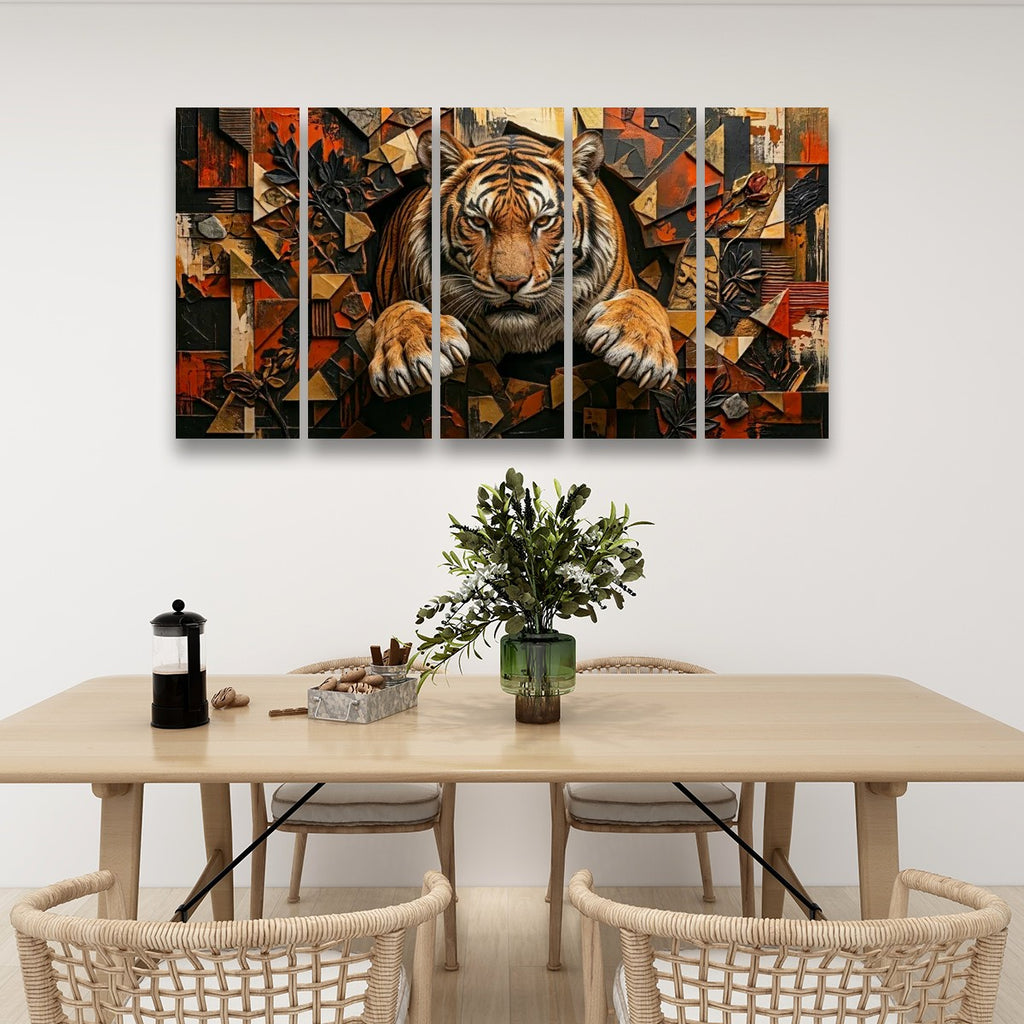A five-panel canvas wall art set depicting a detailed tiger emerging from an abstract geometric background, displayed on a white wall above a wooden dining table with chairs and a vase.