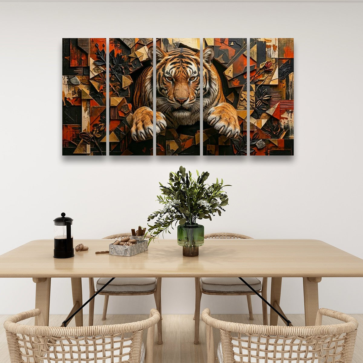 A five-panel canvas wall art set depicting a detailed tiger emerging from an abstract geometric background, displayed on a white wall above a wooden dining table with chairs and a vase.