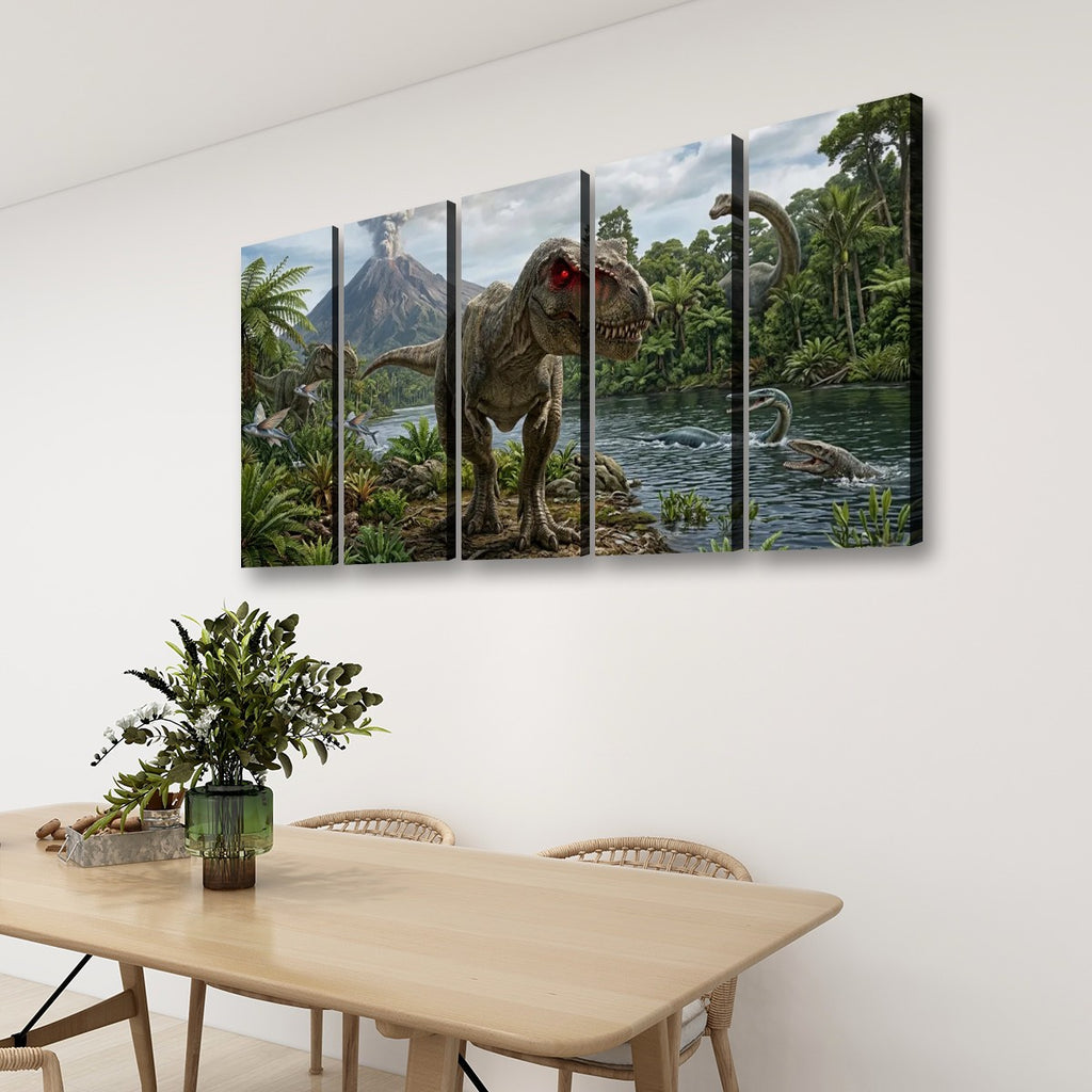 T-Rex & Carnivores Canvas Wall Art – Prehistoric Fury Dinosaur Print | 1, 3 & 5 Panel Kids & Game Room
