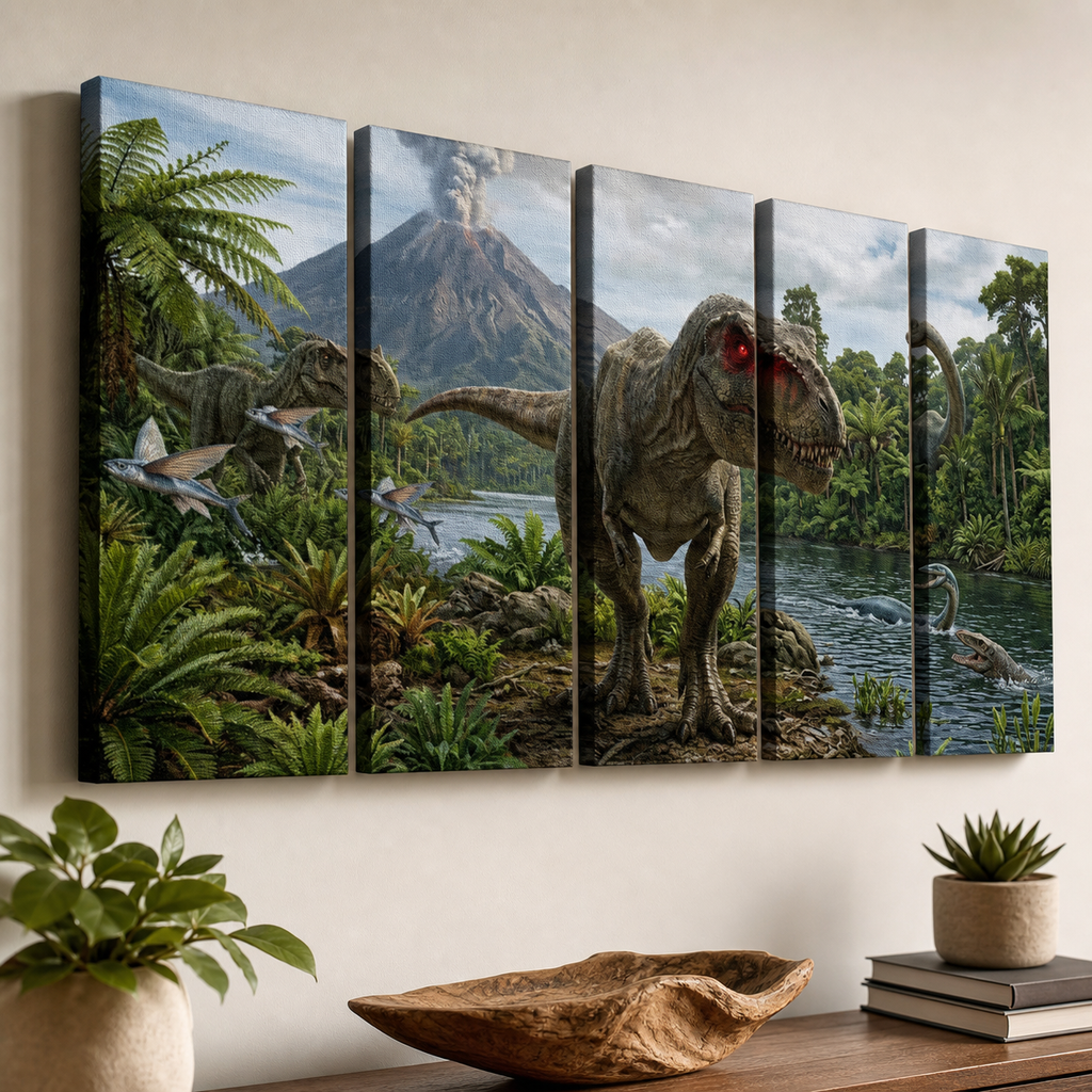 T-Rex & Carnivores Canvas Wall Art – Prehistoric Fury Dinosaur Print | 1, 3 & 5 Panel Kids & Game Room