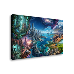 A rectangular canvas wall art print shown at an angle against a plain white background. The artwork depicts a fantastical illustrated landscape with glowing towers, waterways, forests, and surreal architectural forms in vivid blue, teal, purple, green, and pink tones.