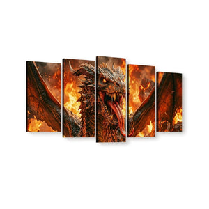 A five-panel canvas wall art set depicting a dramatic fire-breathing dragon with wings spread, set against a white background.