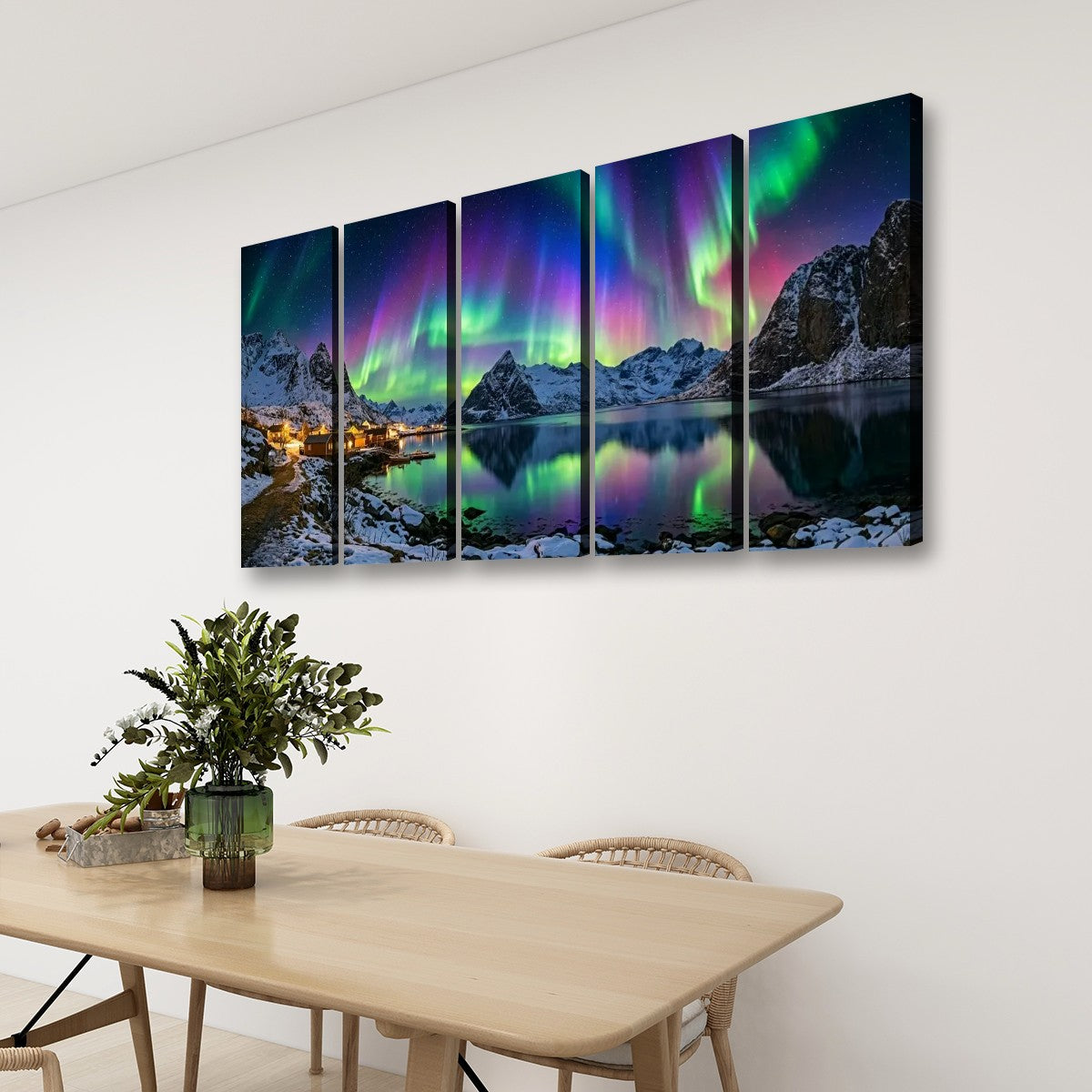 Northern Lights Over the City — 5 Panel Level Canvas Wall Art