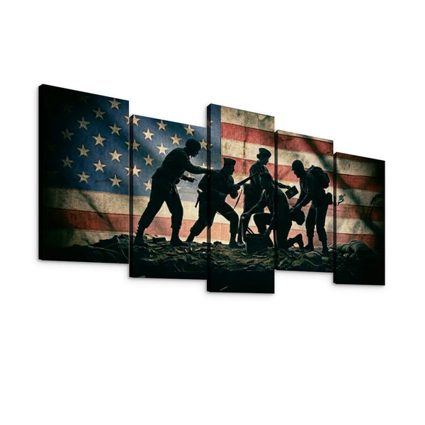 Five-panel canvas wall art showing silhouetted soldiers carrying a fallen comrade in front of a distressed American flag, displayed against a plain white background.