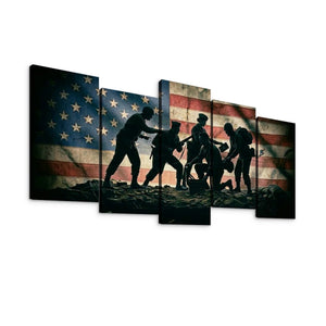 Five-panel canvas wall art showing silhouetted soldiers carrying a fallen comrade in front of a distressed American flag, displayed against a plain white background.