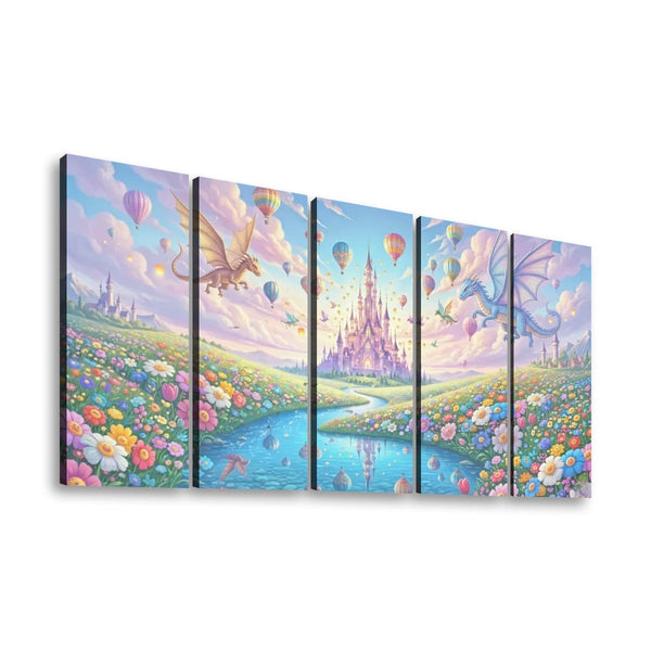 A five-panel canvas wall art set depicting a whimsical fantasy landscape with a pastel castle, river, flower fields, dragons, and hot air balloons under a soft purple and blue sky.