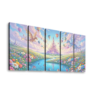 A five-panel canvas wall art set depicting a whimsical fantasy landscape with a pastel castle, river, flower fields, dragons, and hot air balloons under a soft purple and blue sky.
