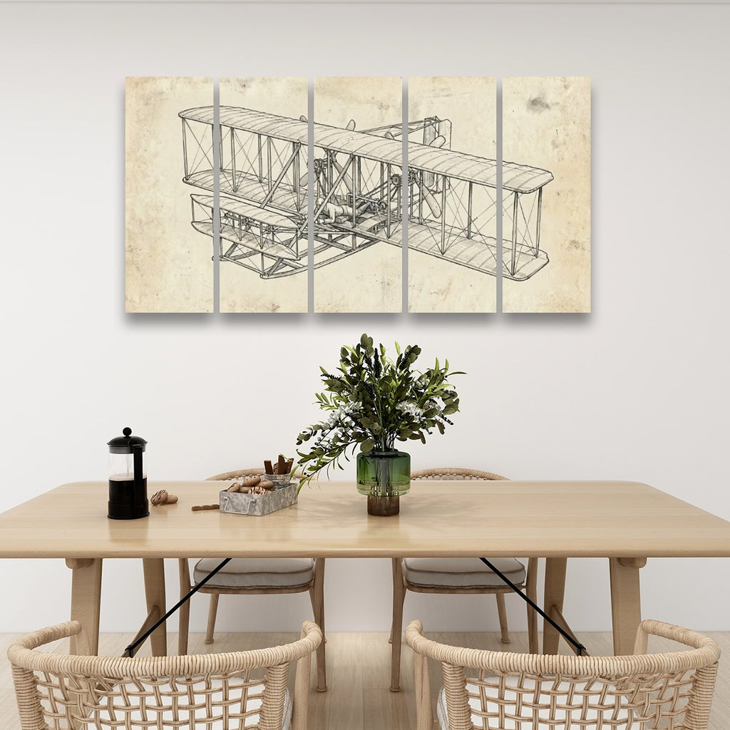 Wright Brothers First Flight Canvas Wall Art – Aviation History Sketch Print | 5-Panel Level