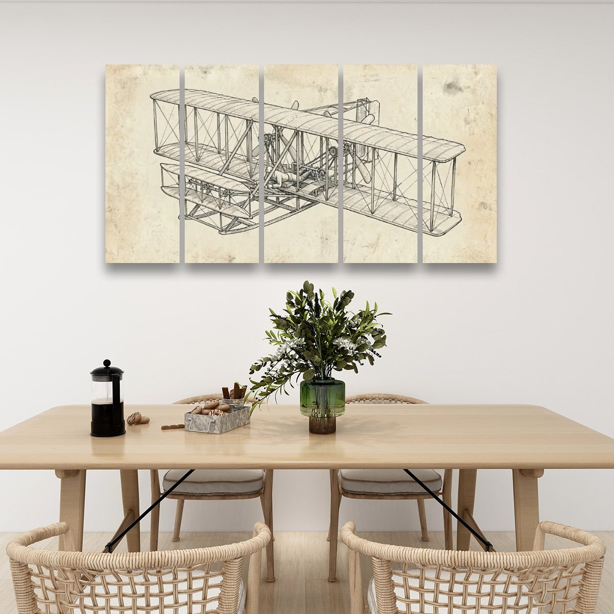 Wright Brothers First Flight Canvas Wall Art – Aviation History Sketch Print | 5-Panel Level