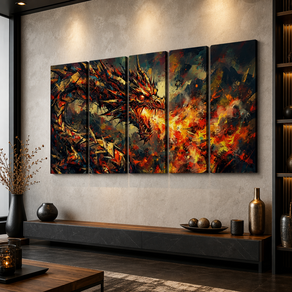 A five-panel canvas wall art set depicting a dramatic fiery dragon in dark, fiery tones, displayed on a textured light gray wall above a modern dark wood media console in a styled living room.