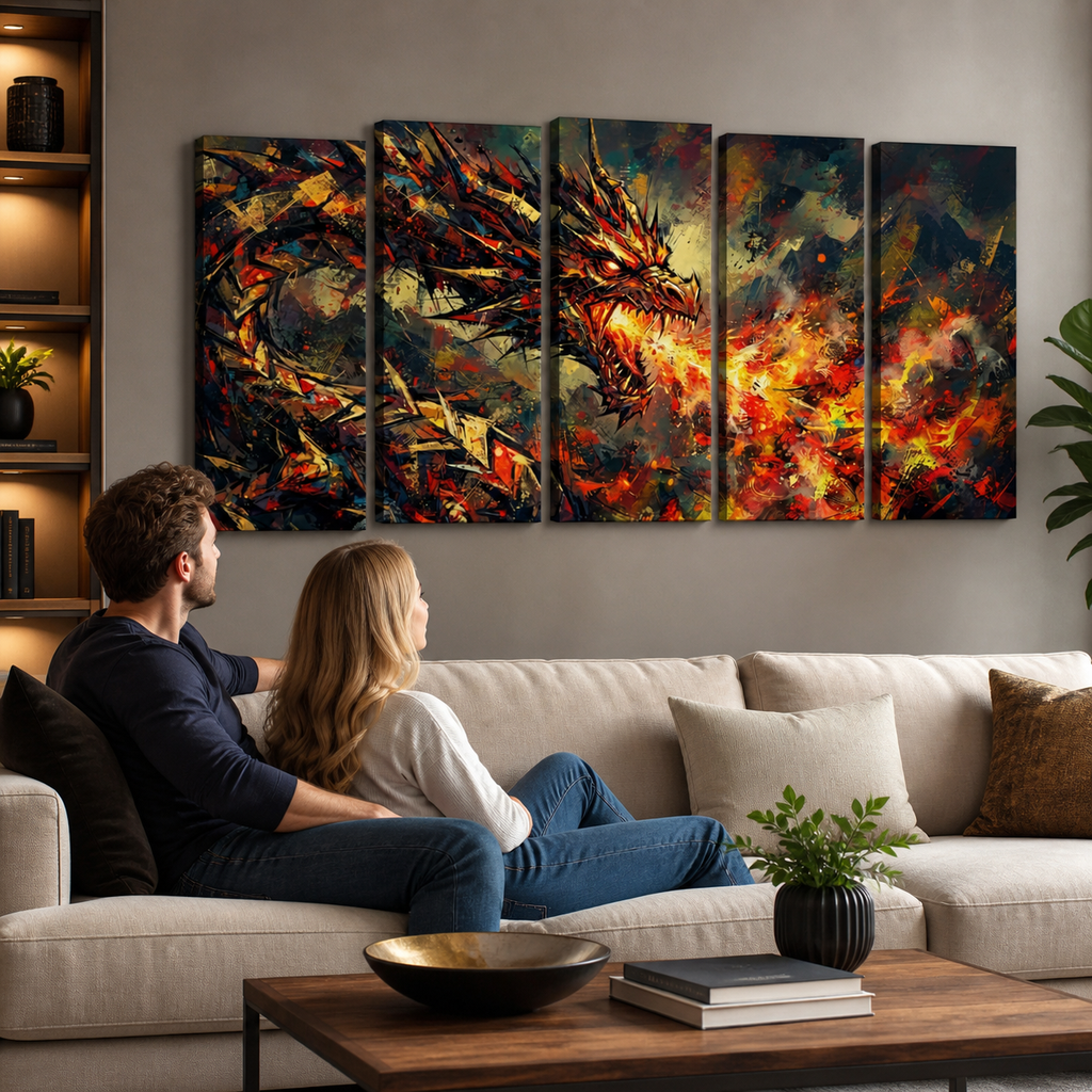 A five-panel canvas wall art set depicting a dramatic fiery dragon in abstract brushstrokes, displayed above a beige sofa where a couple is sitting in a modern living room.