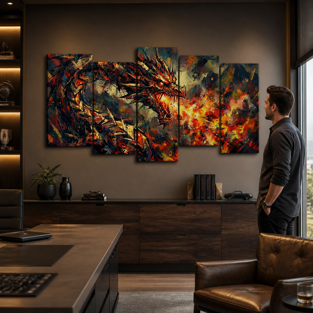 A man stands in a modern office room looking at a five-panel canvas wall art set depicting a dramatic fiery dragon in red, orange, yellow, and black tones.