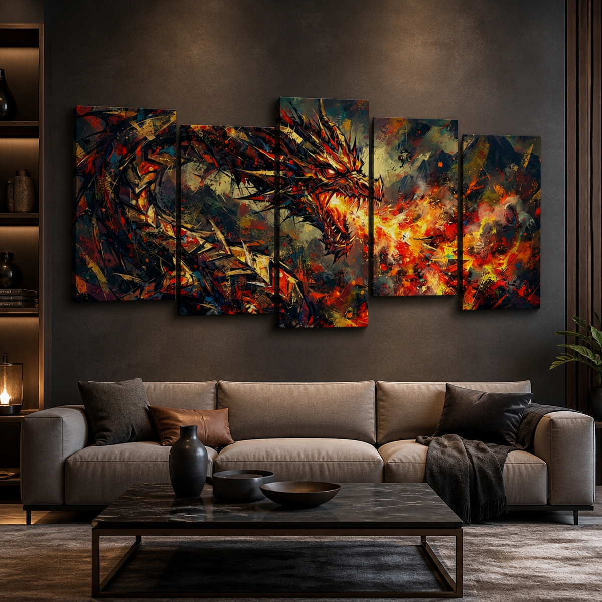 A 5-panel canvas wall art set depicting a dramatic fiery dragon in abstract brushstrokes, displayed above a modern beige sofa in a dark, stylishly decorated living room.