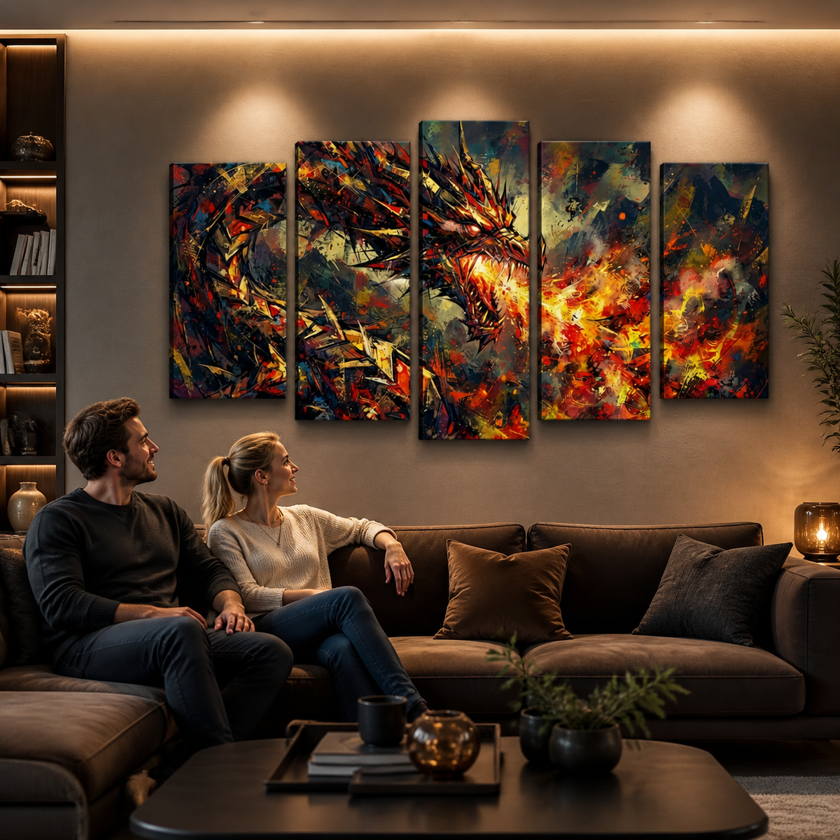A 5-panel canvas wall art set depicting a dramatic, colorful painting of a dragon, displayed on a wall in a modern living room setting above a brown sectional sofa with a couple sitting underneath.