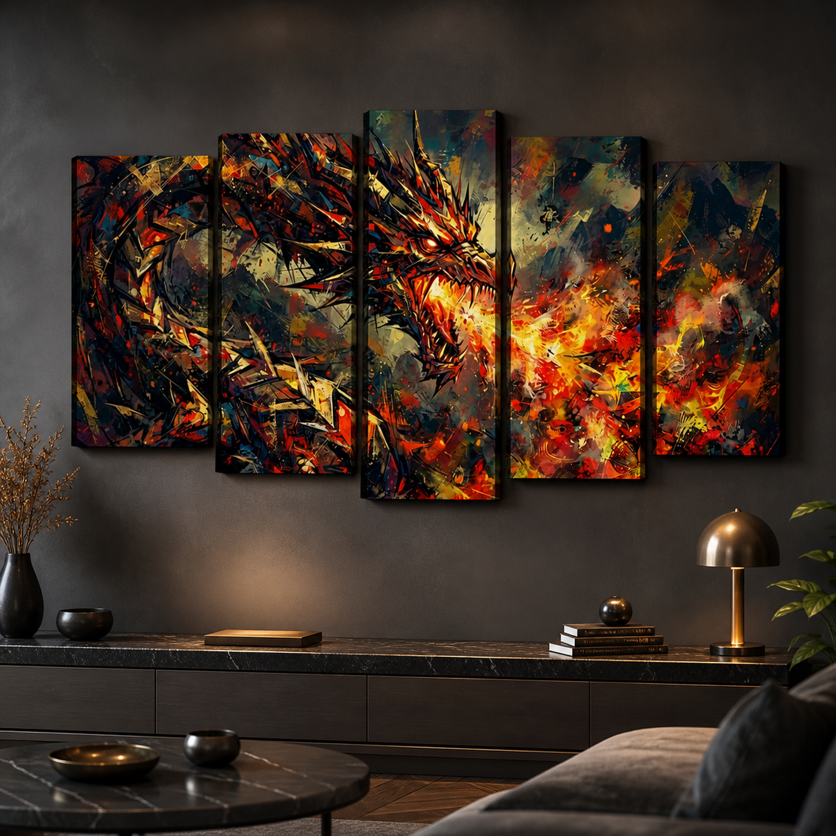 A five-panel canvas wall art set depicting a dramatic fiery dragon in abstract brushstrokes, displayed on a dark gray wall above a console table in a modern living room setting.