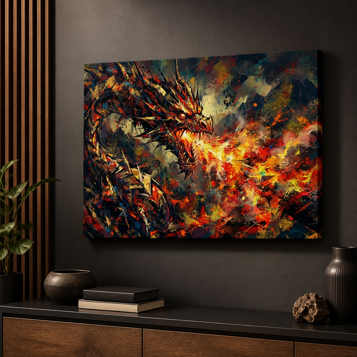 A square canvas wall art print depicting a dramatic fiery dragon in abstract brushstrokes, displayed on a dark gray wall above a wooden console table with decorative objects.