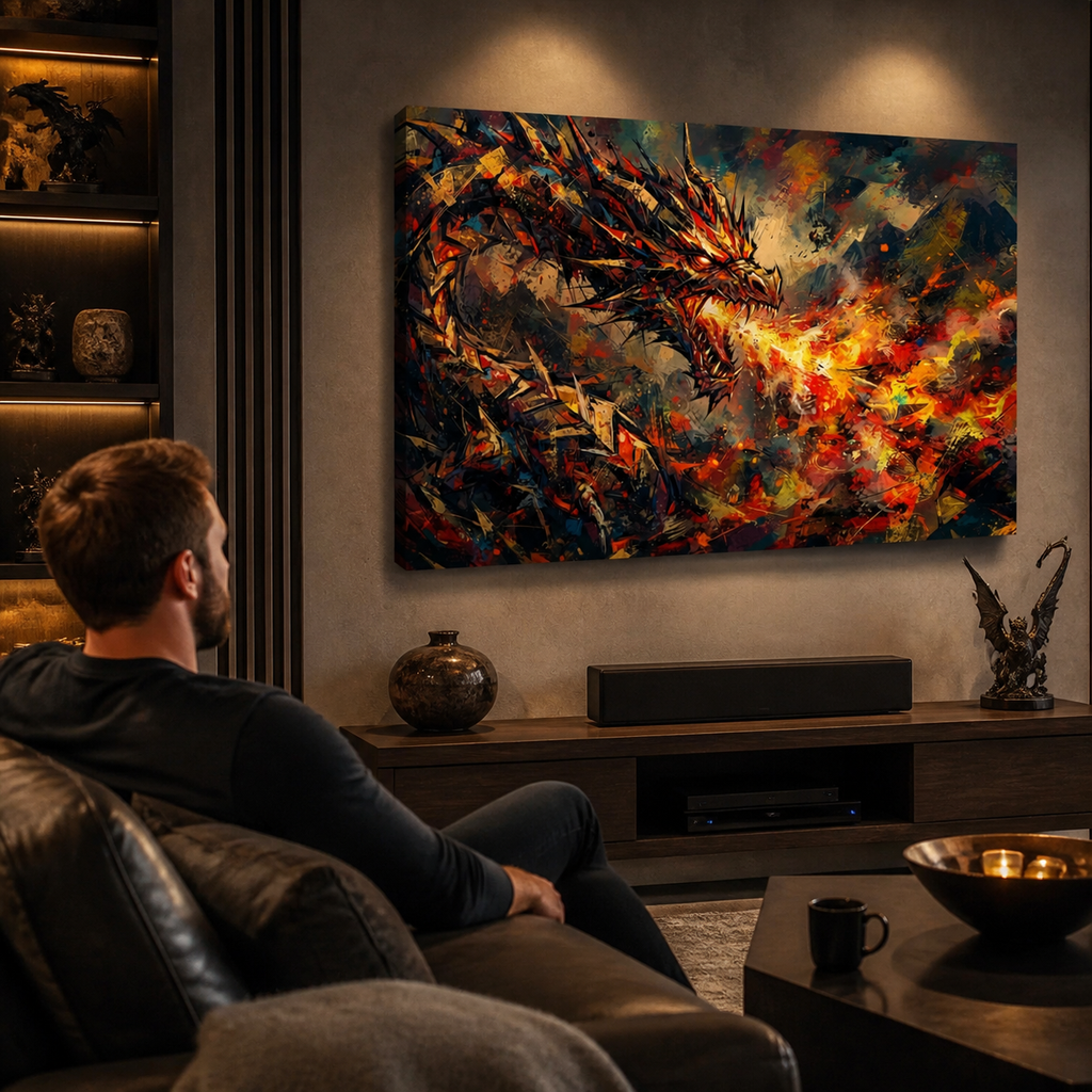 A man sits on a dark leather couch in a dimly lit living room, facing a large wall art canvas depicting a dramatic fiery dragon in red, orange, yellow, and blue tones.