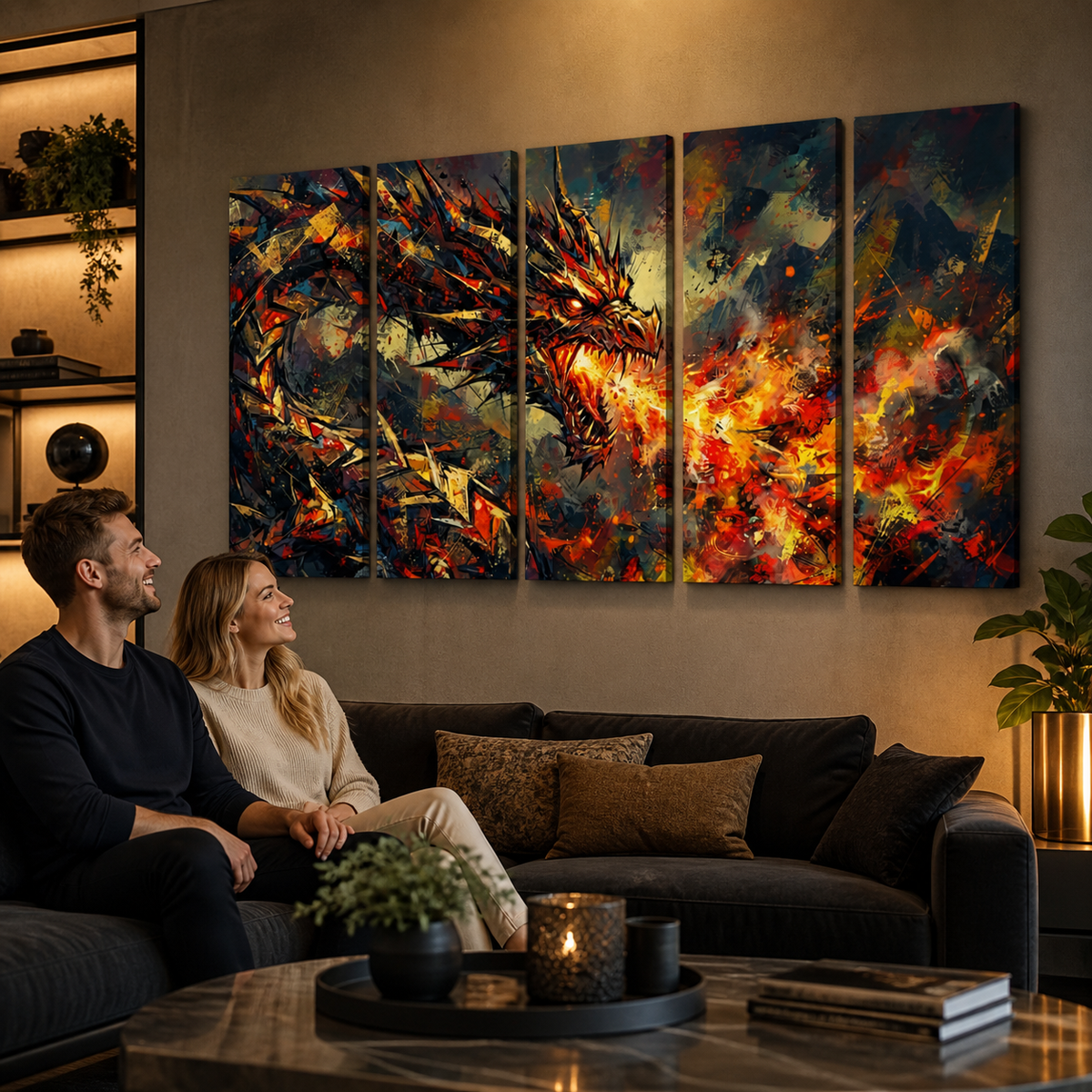 Fire Breathing Dragon Canvas Wall Art | Abstract Multi-Panel Print