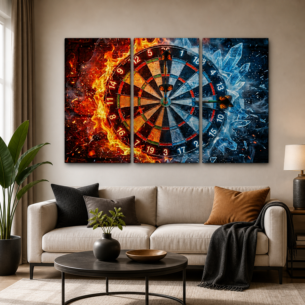A three-panel canvas wall art set depicting a dartboard split between fiery orange flames on the left and icy blue frost on the right, displayed above a modern beige sofa in a styled living room.
