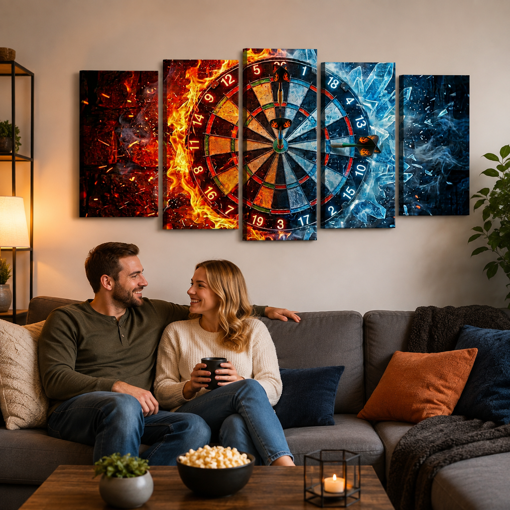 A couple sits on a gray sofa in a living room, looking at a five-panel canvas wall art set depicting a dramatic dartboard with fiery red and icy blue effects. The room is warmly lit with a lamp on the left and a plant on the right.