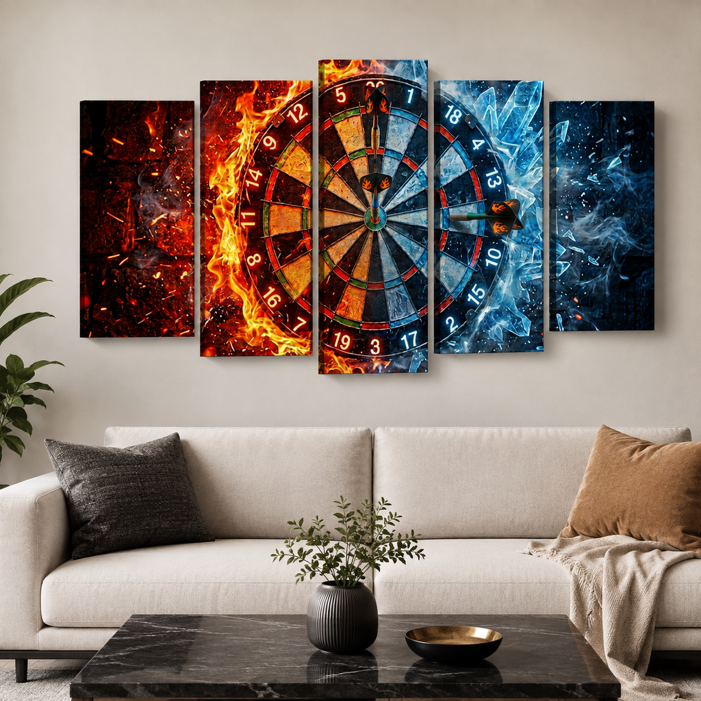 A five-panel canvas wall art set depicting a dartboard with dramatic fiery orange flames on one side and icy blue effects on the other, displayed above a modern white sofa in a living room setting.