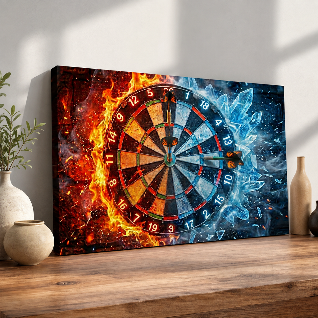 A rectangular canvas wall art print leaning on a wooden surface against a white wall. The artwork shows a dartboard split visually by fiery orange flames on the left and icy blue frost effects on the right.
