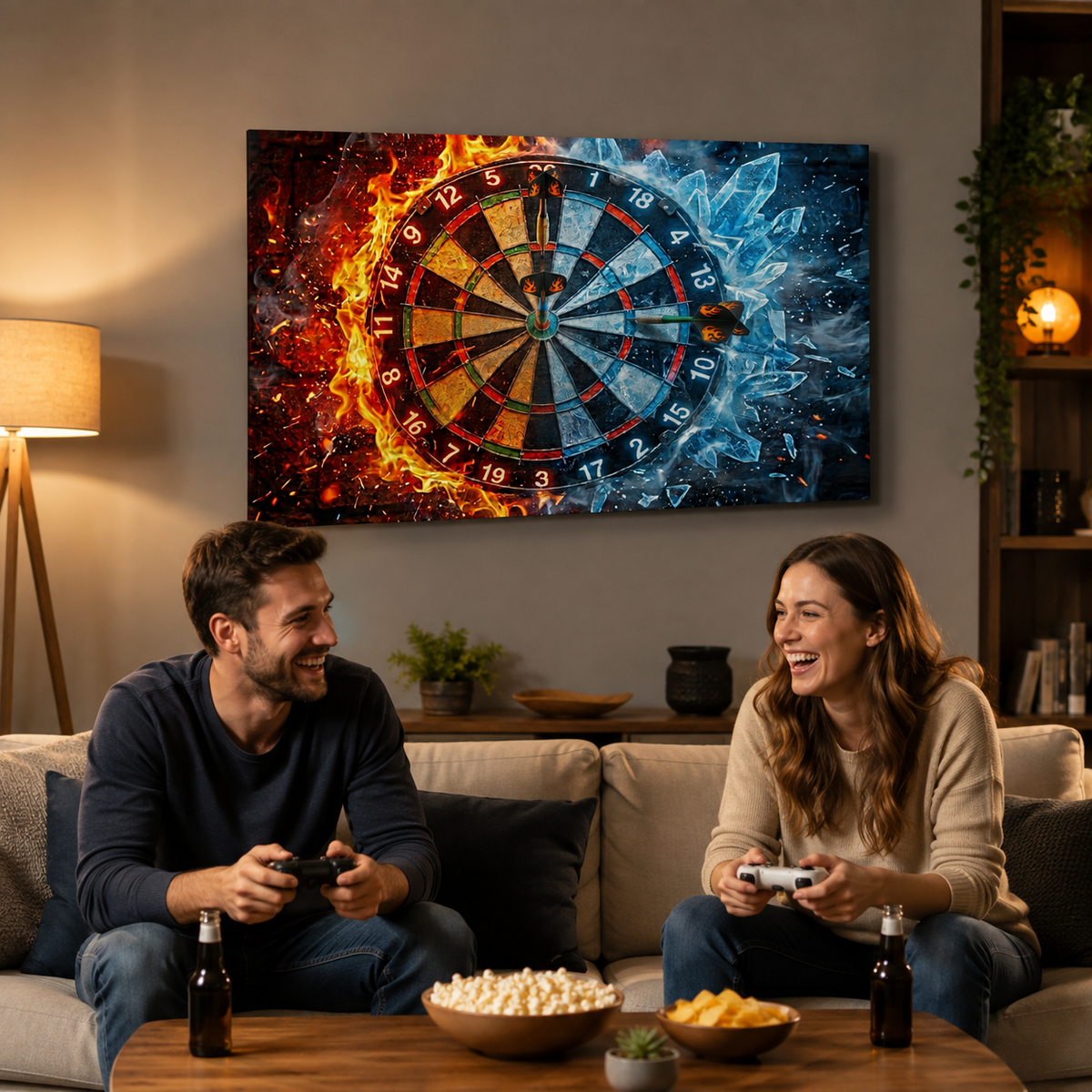 A large rectangular wall art print hanging above two people sitting on a couch in a living room. The print shows a dartboard split visually with fiery orange-red effects on the left and icy blue effects on the right.