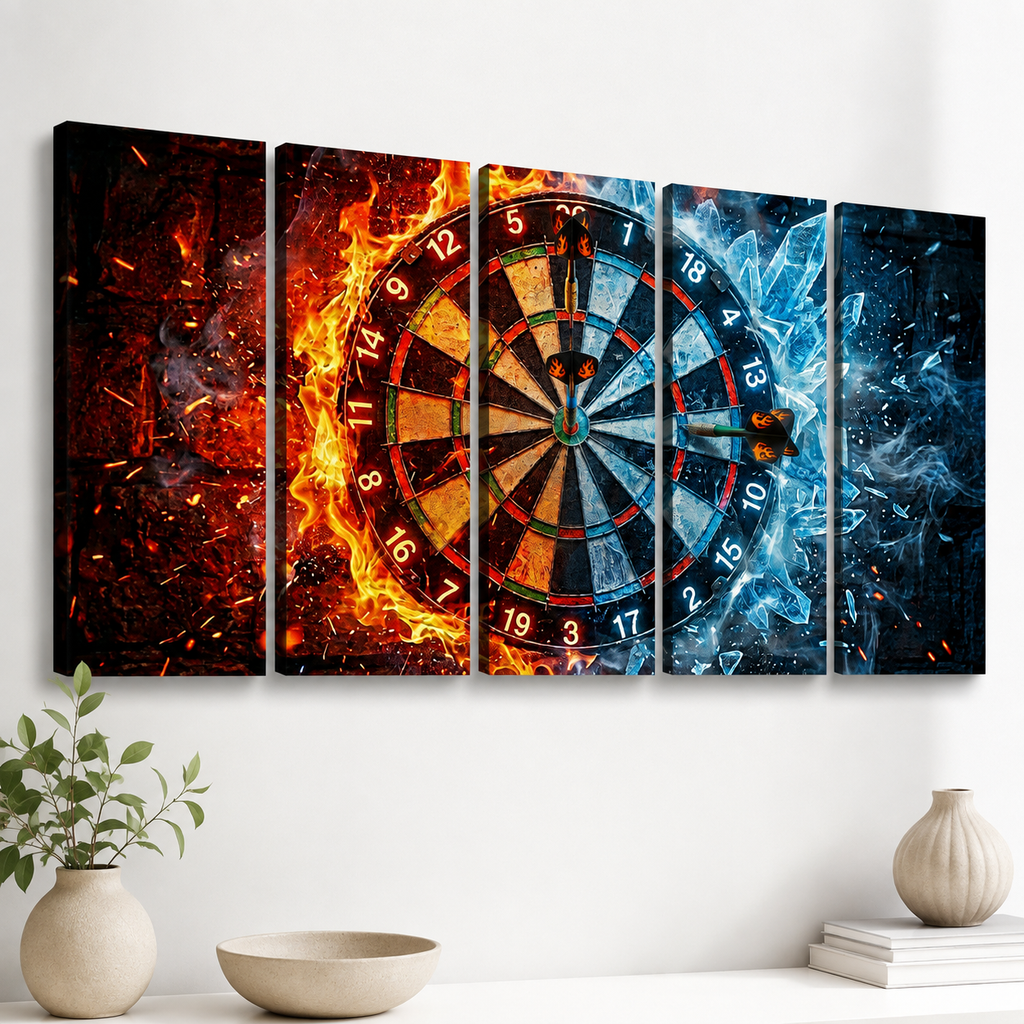 A five-panel canvas wall art set depicting a split-tone dartboard with fiery orange flames on the left and icy blue frost on the right, displayed on a white wall above a styled tabletop with vases and books.