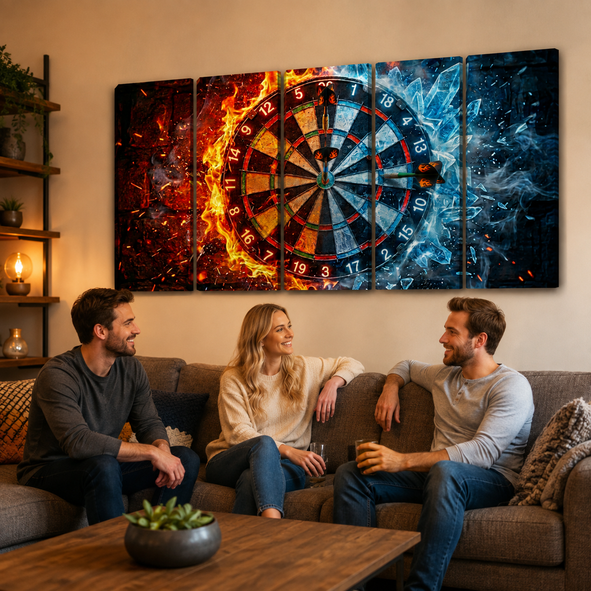 A four-panel canvas wall art set depicting a split thermonuclear-style dartboard scene with fiery orange/red on the left and icy blue/white on the right, displayed above three people sitting on a couch in a living room.