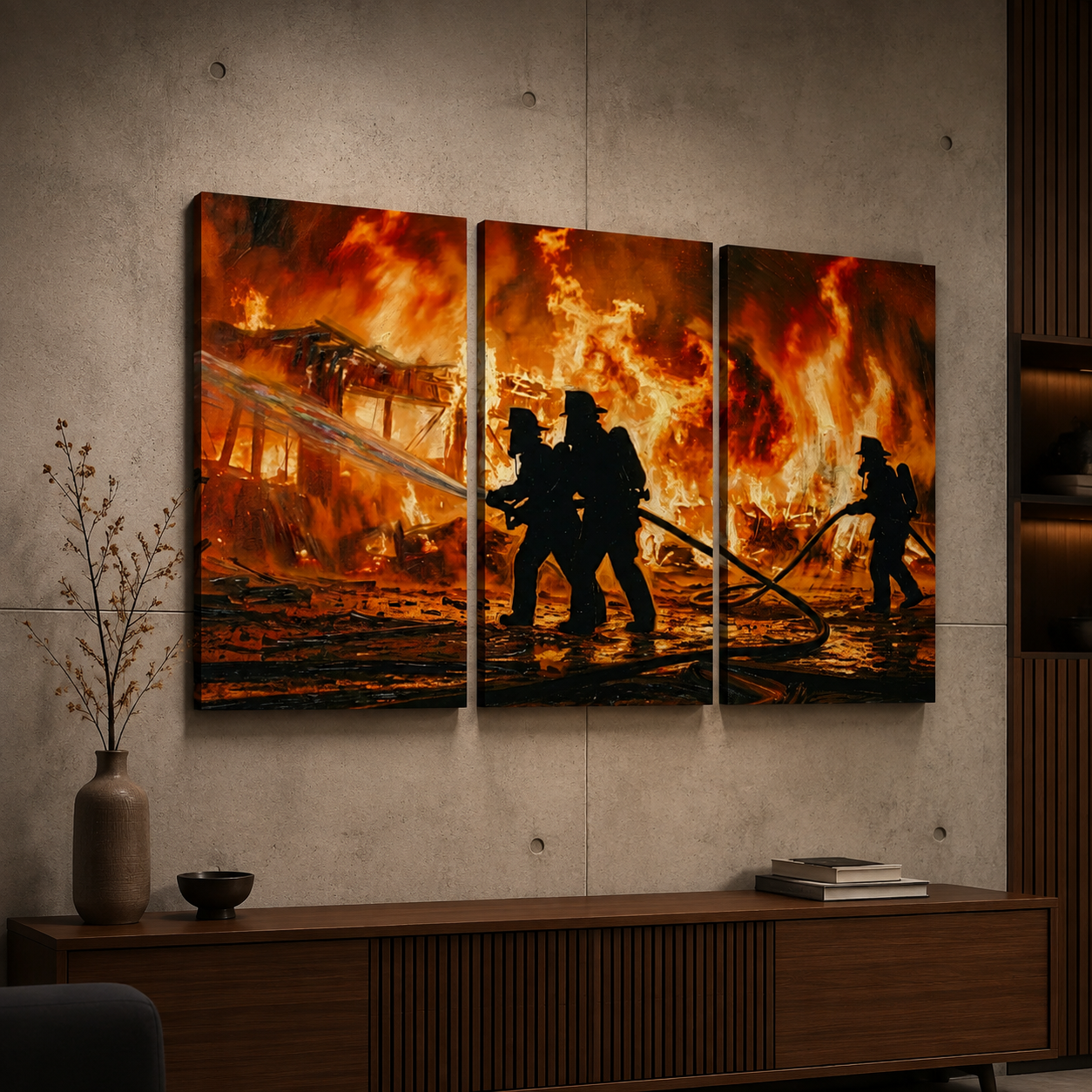 Firefighters Fighting Fire 3-panel triptych canvas wall art on white background — affordable canvas wall art starting at $75