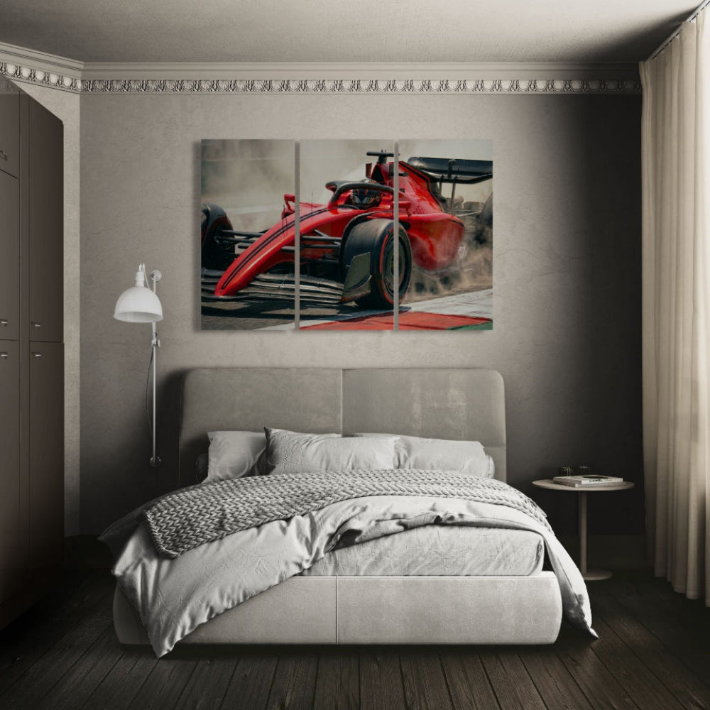 Modern bedroom with a red Formula 1 car painting on the wall above a bed.