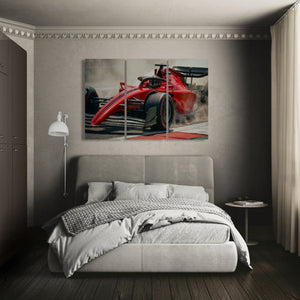 Modern bedroom with a red Formula 1 car painting on the wall above a bed.