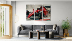 Living room with a gray sofa, coffee table, and a large wall art of a red car.