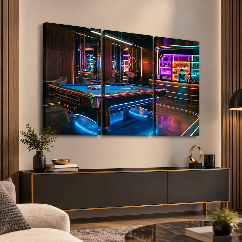 Billiards Pool Lounge Neon Lights Bar — 1, 3, 5-Panel Level Canvas Wall Art