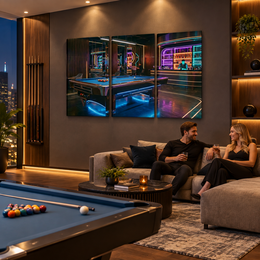 Billiards Pool Lounge Neon Lights Bar — 1, 3, 5-Panel Level Canvas Wall Art