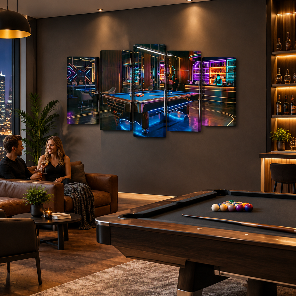 Billiards Pool Lounge Neon Lights Bar — 1, 3, 5-Panel Level Canvas Wall Art
