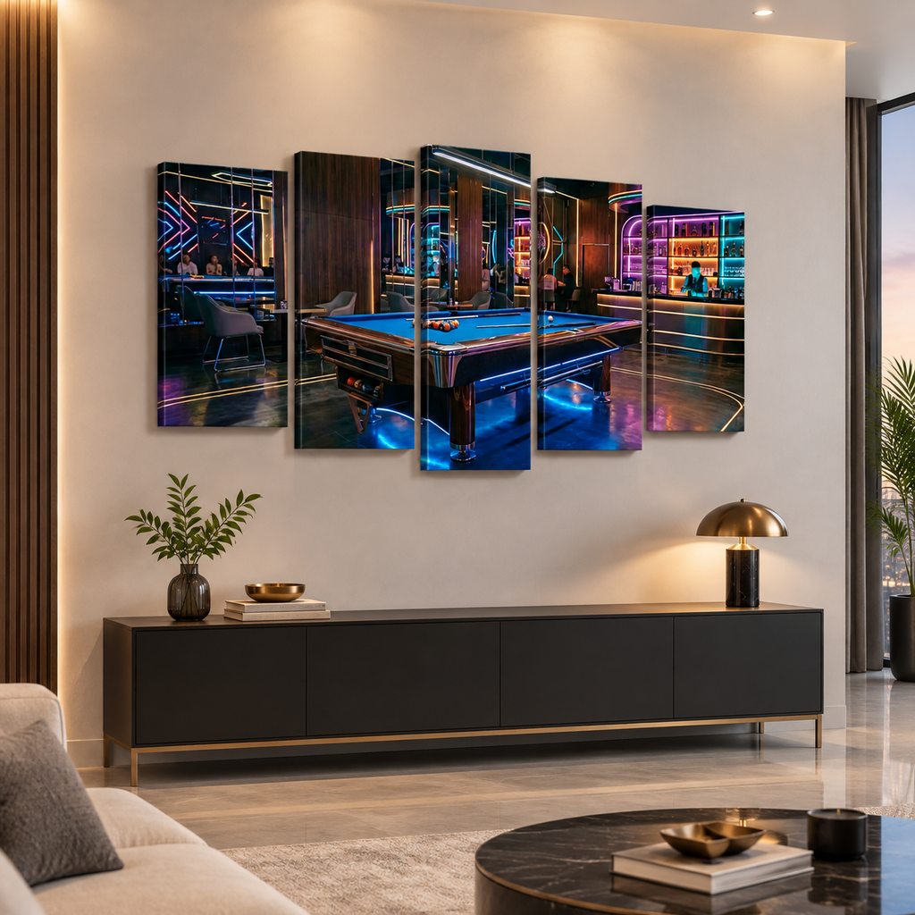 Billiards Pool Lounge Neon Lights Bar — 1, 3, 5-Panel Level Canvas Wall Art