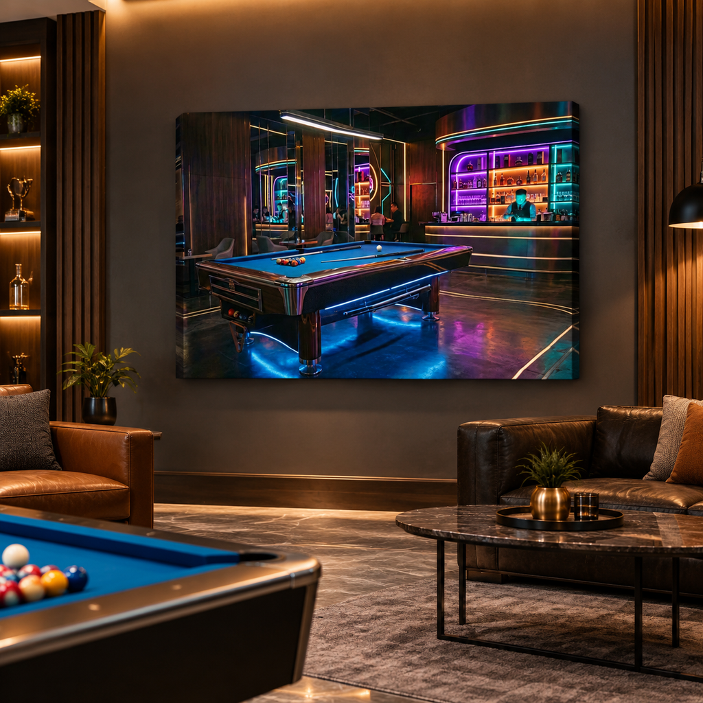 Billiards Pool Lounge Neon Lights Bar — 1, 3, 5-Panel Level Canvas Wall Art