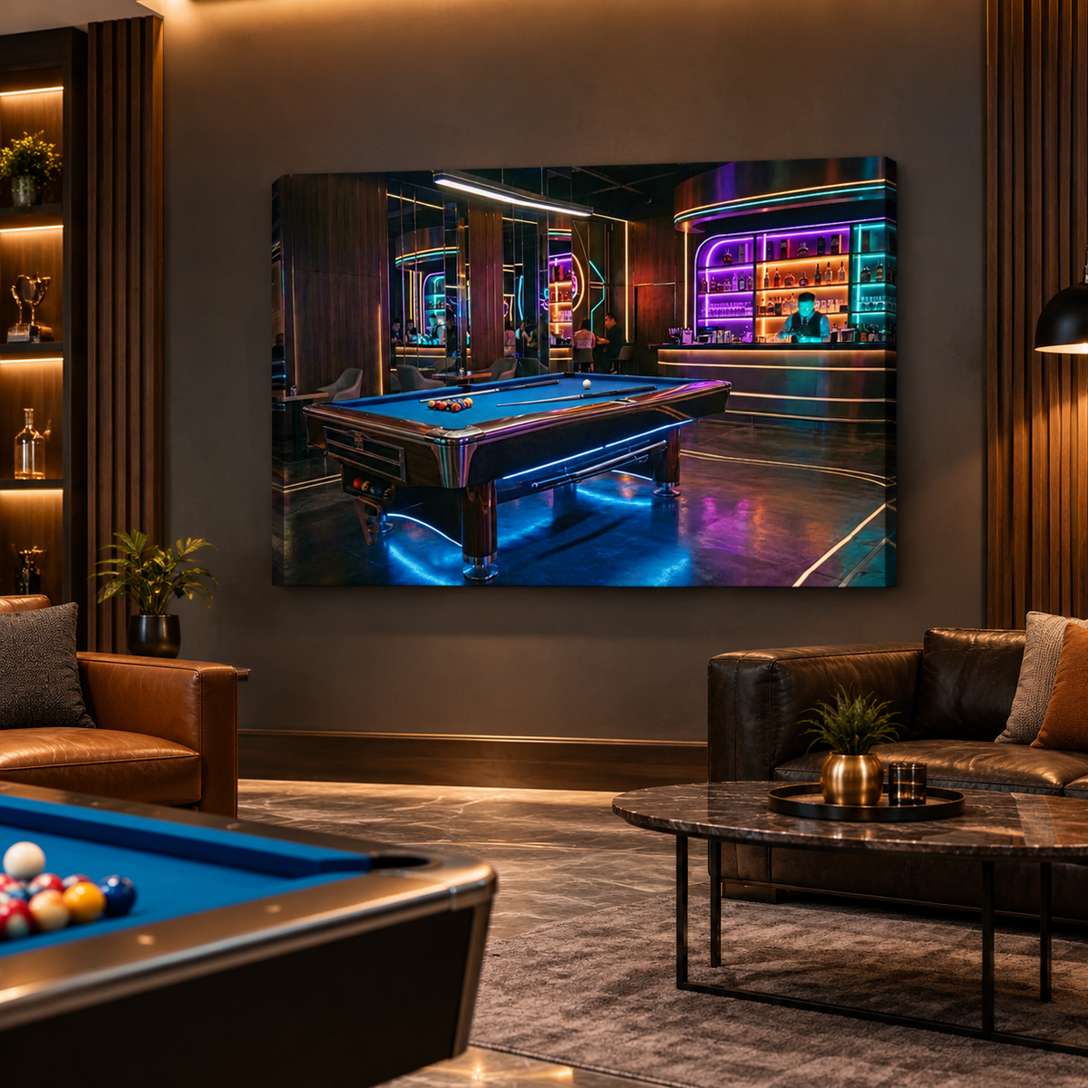 Billiards Pool Lounge Neon Lights Bar — 1, 3, 5-Panel Level Canvas Wall Art