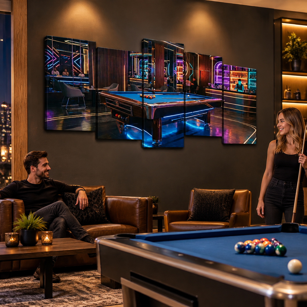 Billiards Pool Lounge Neon Lights Bar — 1, 3, 5-Panel Level Canvas Wall Art