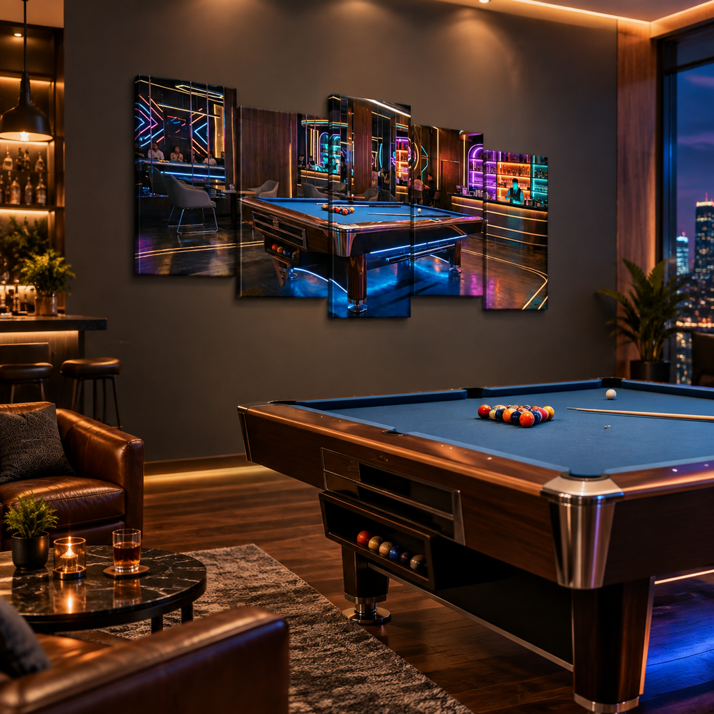 Billiards Pool Lounge Neon Lights Bar — 1, 3, 5-Panel Level Canvas Wall Art